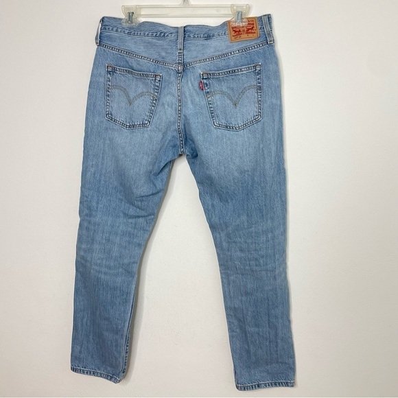 LEVI’S 501 Button Fly Denim Blue Jeans Destroyed Distressed Patch 33” W x 27” L - Picture 2 of 16